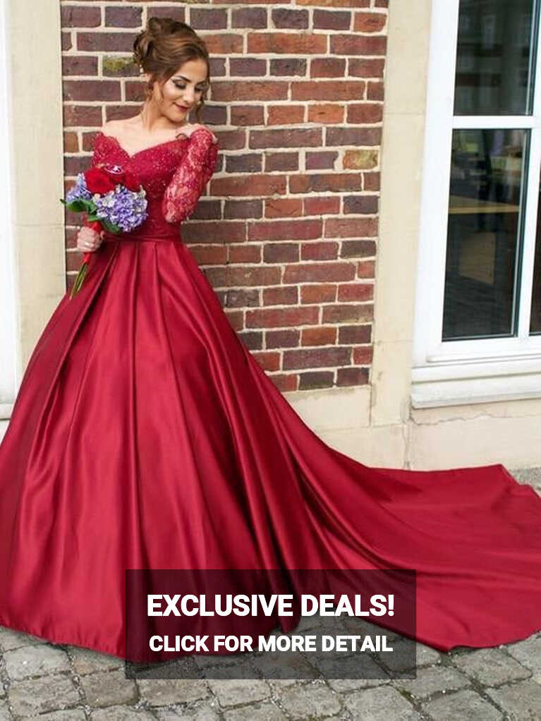 Red Off the Shoulder Lace Top Ball Gown Wedding Dress With Long ...