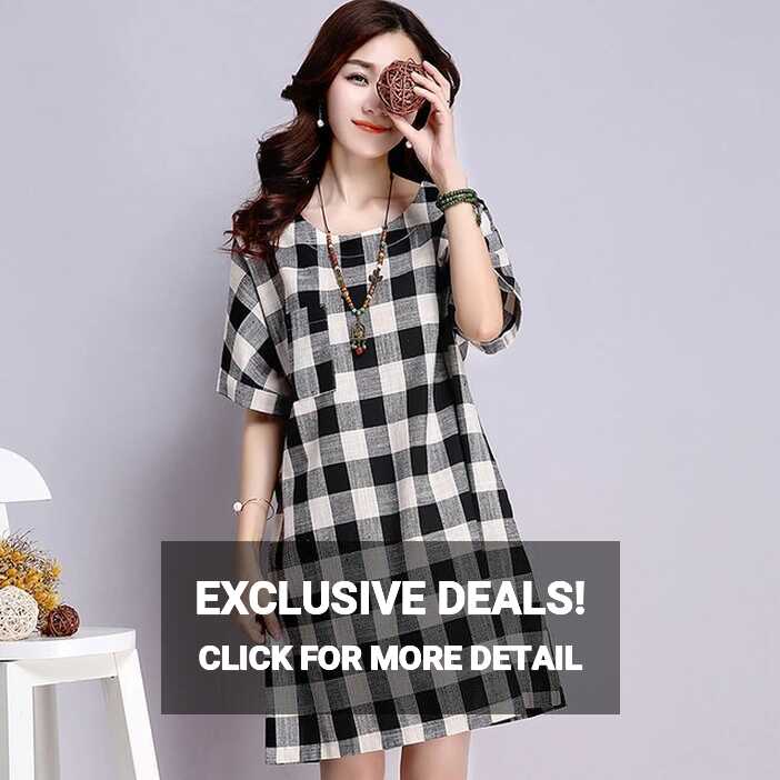 Red Plaid Dress Women Short Sleeve Knee Length Casual Loose Cotton ...