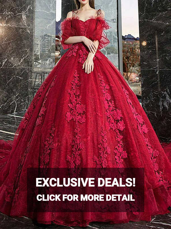 Red Princess Wedding Dresses Tulle Half Sleeves Bridal Gown ...