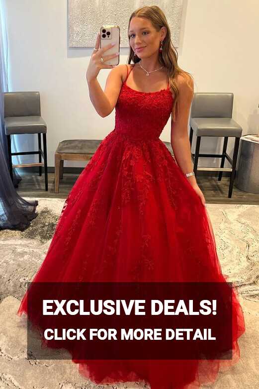 Red Prom Dress 2023 Ball Gown Spaghetti Straps Tulle with Lace ...