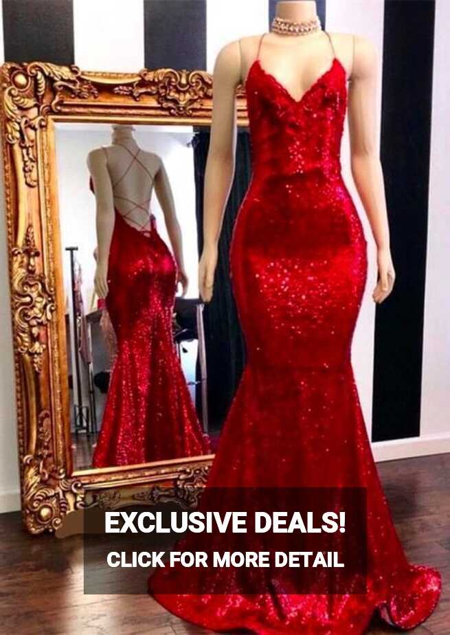 Red Prom Dress 2023 Mermaid/Trumpet Sexy V Neck Spaghetti Straps ...