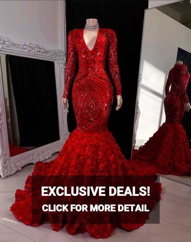 Red Prom Dress 2023 Mermaid/Trumpet V Neck Long Sleeves Sequin ...