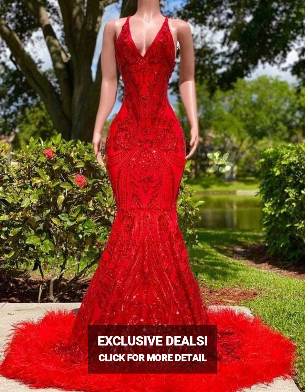 Red Prom Dress 2023 Mermaid/Trumpet V Neck Spaghetti Straps Sequin ...