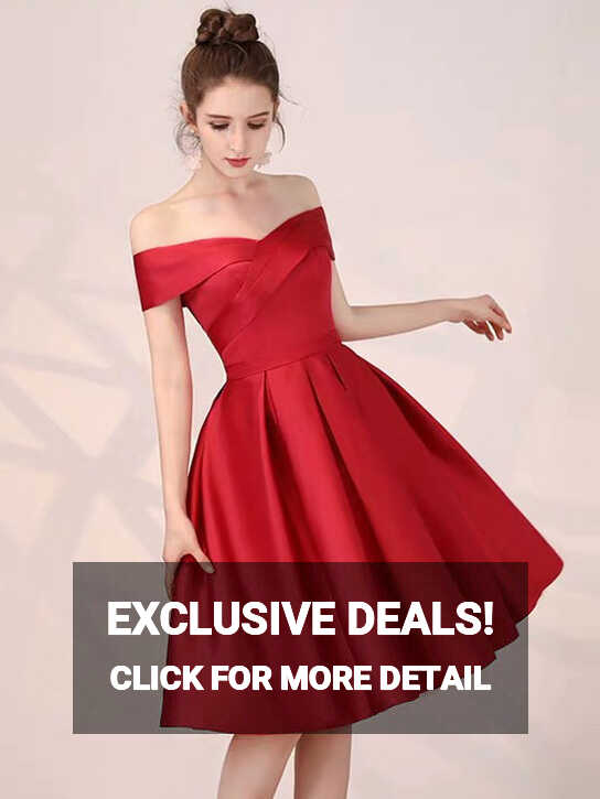 Red Prom Dress 2024 Satin Off Shoulder Knee Length Formal Party ...