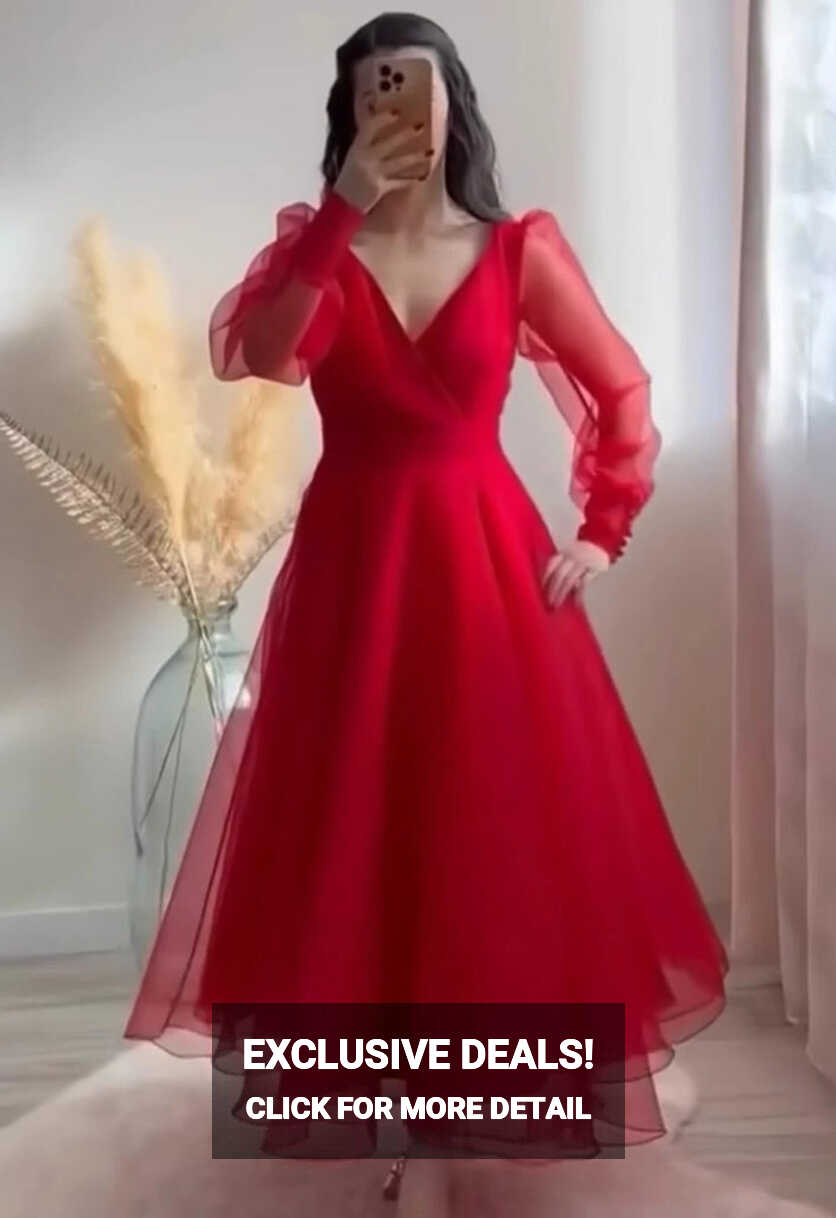 Red Prom Dresses V-Neck Puffy Sleeves A-Line Evening Gown fo