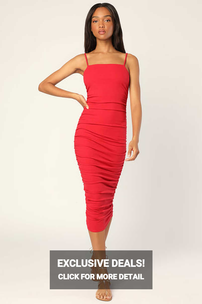 Red Ribbed Midi Dress - Bodycon Dress - Ruched Midi Dress - Lulus