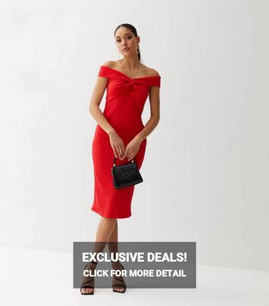 Red Ribbed Twist Bardot Midi Bodycon Dress | New Look