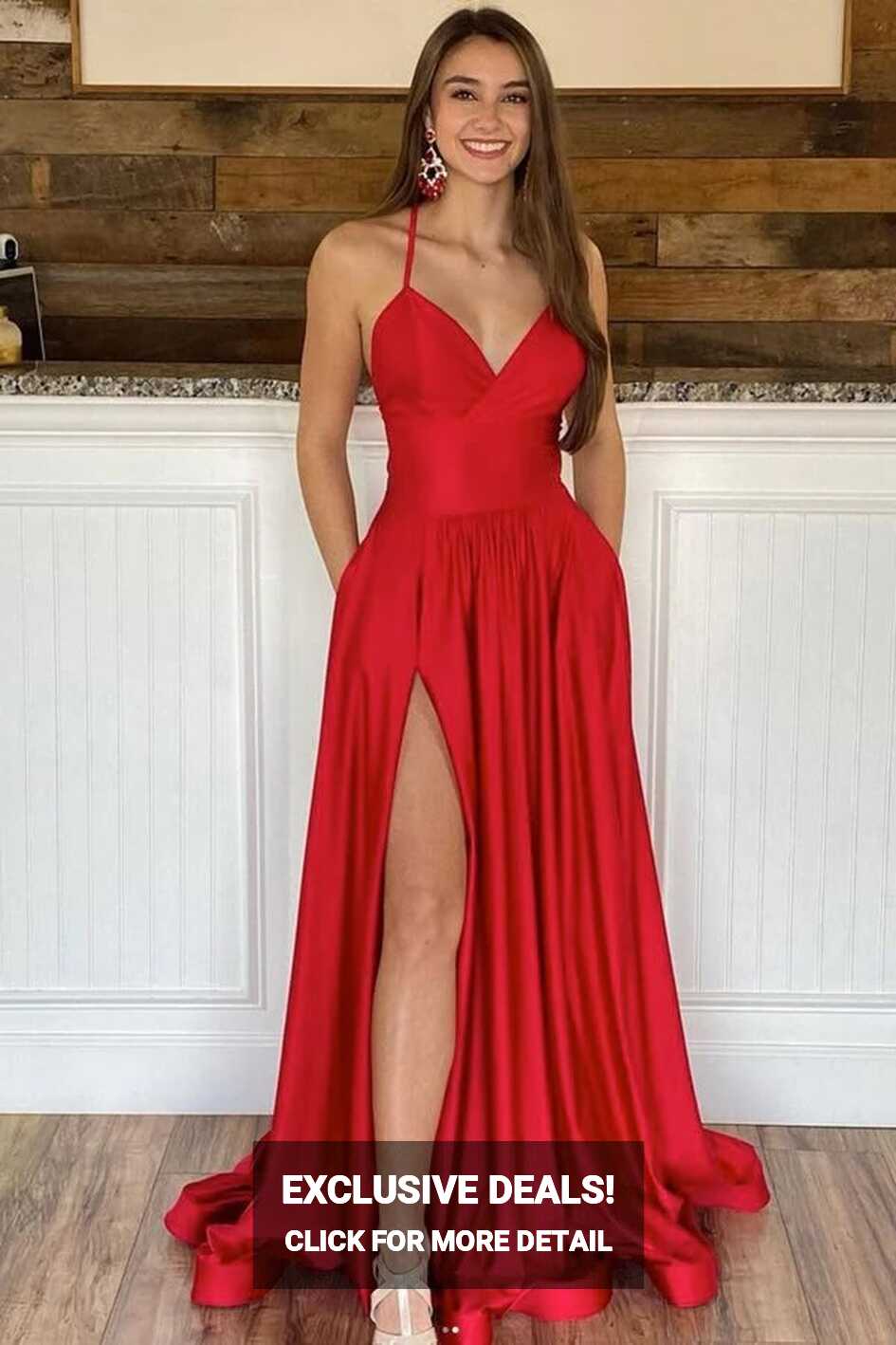 Red Satin A-line V-neck Long Prom Dress With Slit MP813 | Musebridals