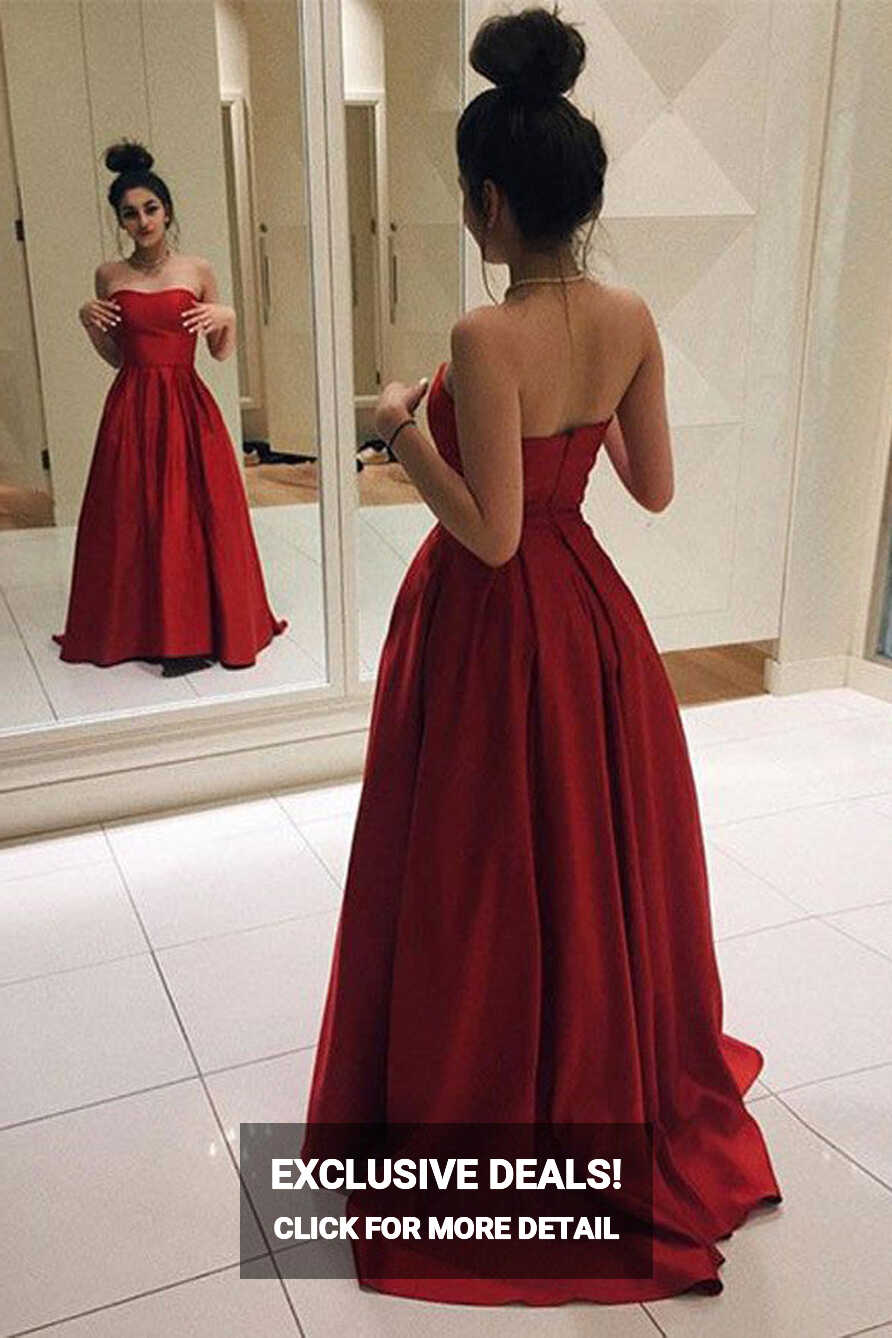 Red Satin Elegant Strapless A Line Evening Gowns Prom Dresses ...