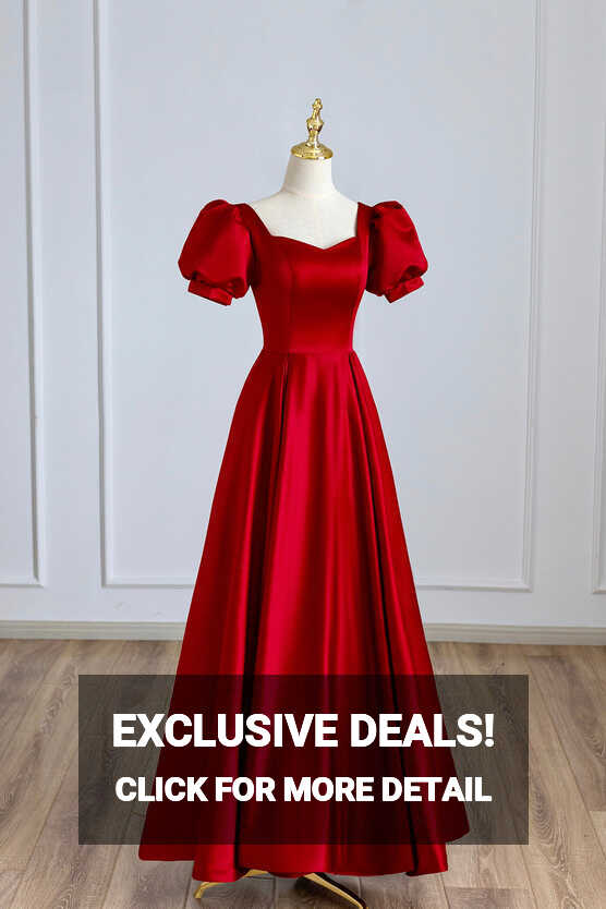 Red Satin Long Prom Dress, Simple A-Line Short Sleeve Evening Party Dr