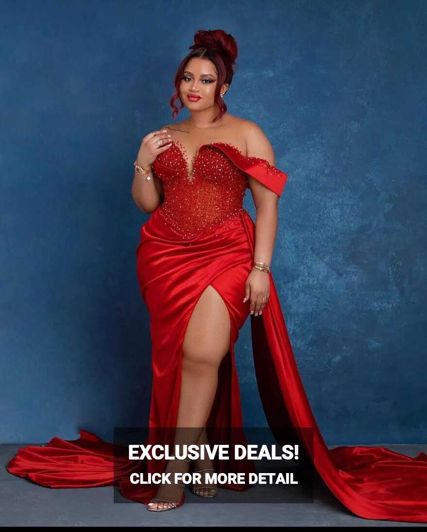 Red Satin Mermaid Red Sparkly Prom Dress For Plus Size Women Sheer ...