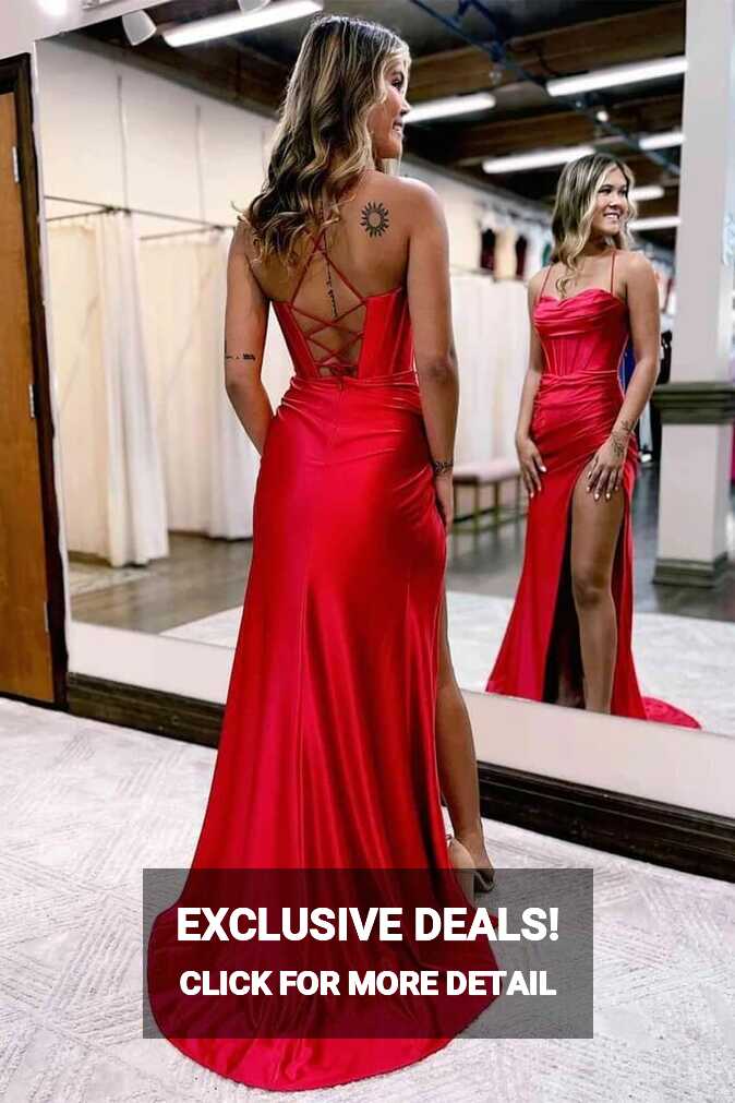 Red Satin Spaghetti Straps Prom Dresses With Slit MP787 | Musebridals