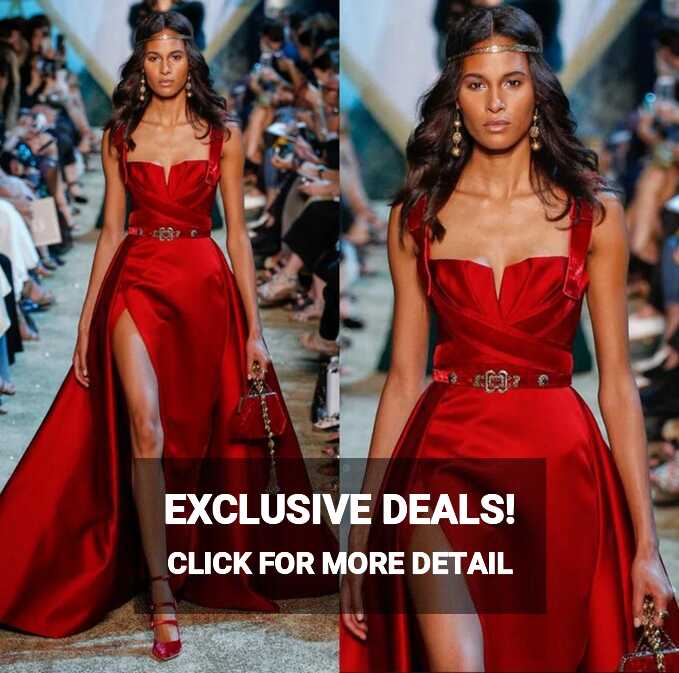 Red Satin Split Prom Dresses A Line Square Neck Sweep Train ...