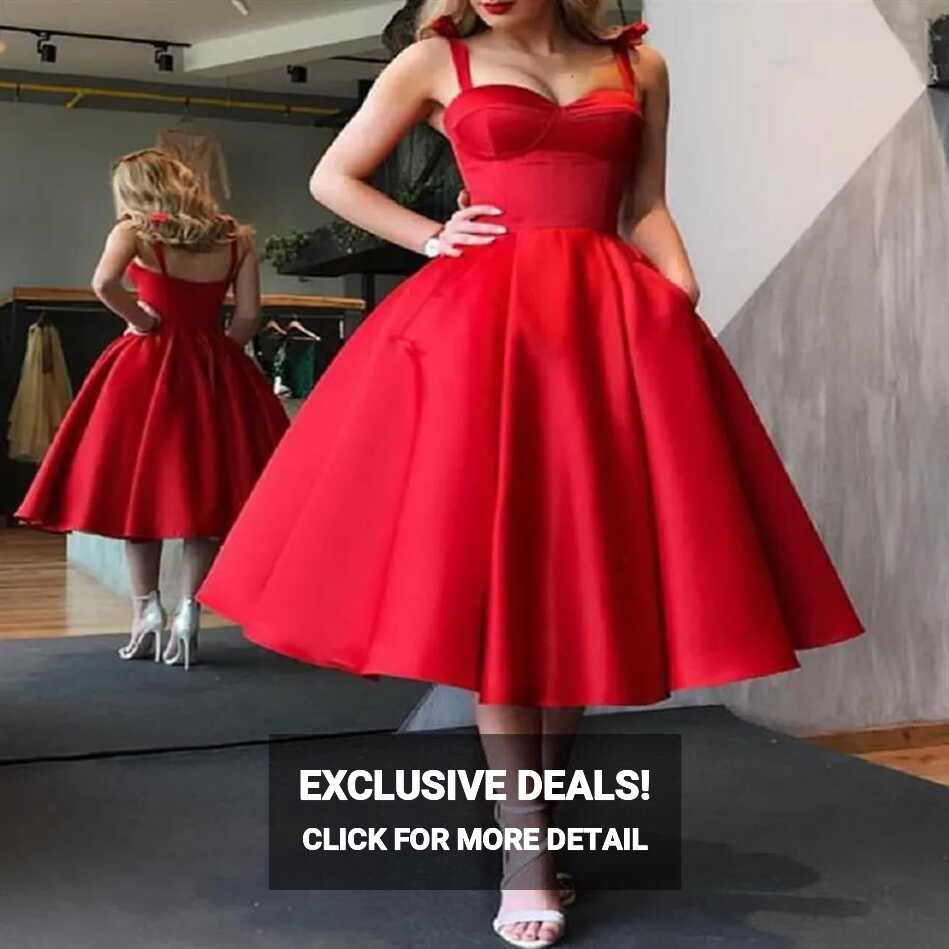 Red Satin Sweetheart Neckline Cocktail Dress Elegant Knee Length A ...