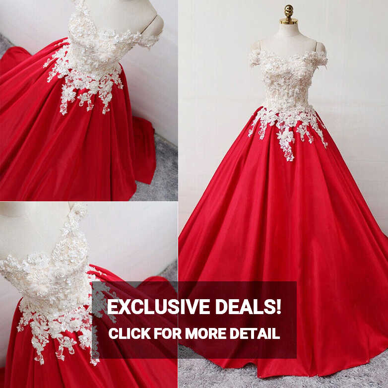 Red Satin Wedding Dresses Off the Shoulder White Lace Appliques ...