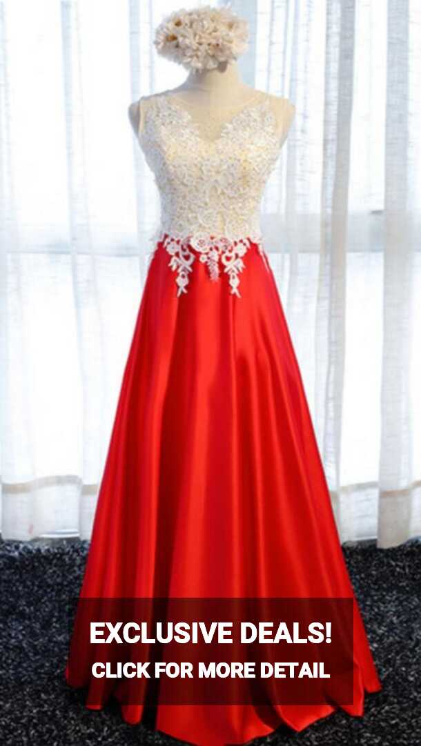 Red Satin White Lace Bodice Long Party Dresses, Formal Dresses ...