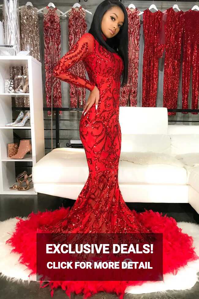 Red Sequin &amp; Feather Black Girl Mermaid Prom Dress - Xdressy