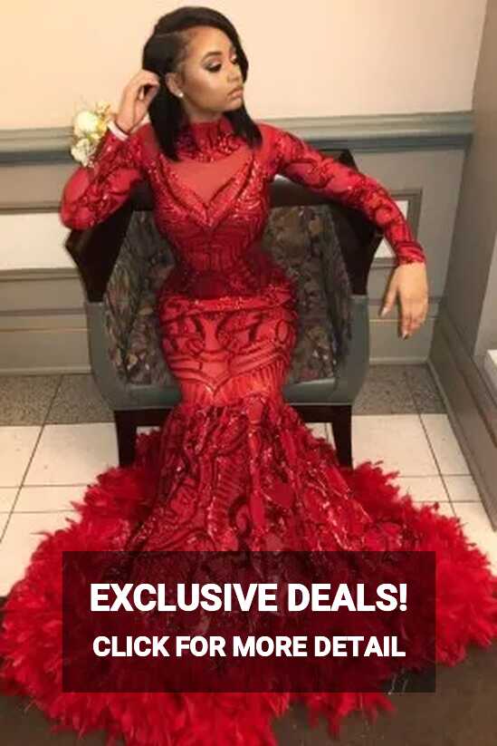 Red Sequin &amp; Feather Long Sleeve Mermaid Prom Dress - Promfy