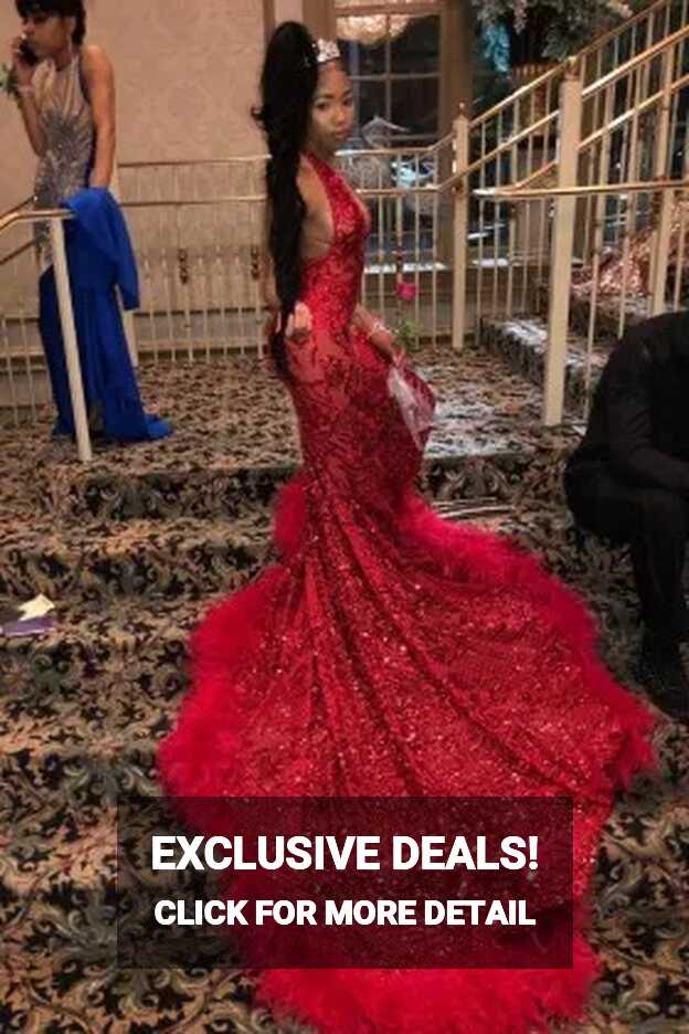 Red Sequin Halter Feather Train Mermaid Prom Dress - Promfy