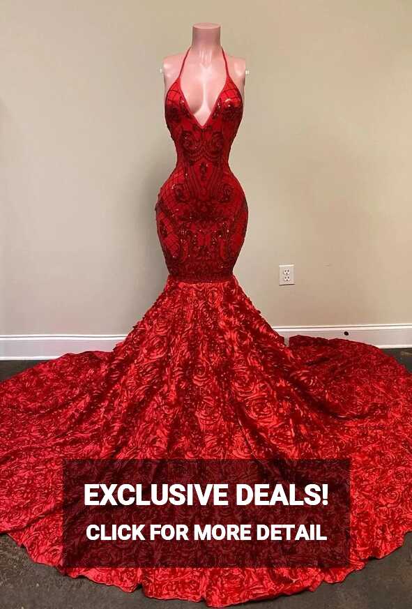 Red Sequin Halter Red Fishtail Prom Dress With Backless Design ...