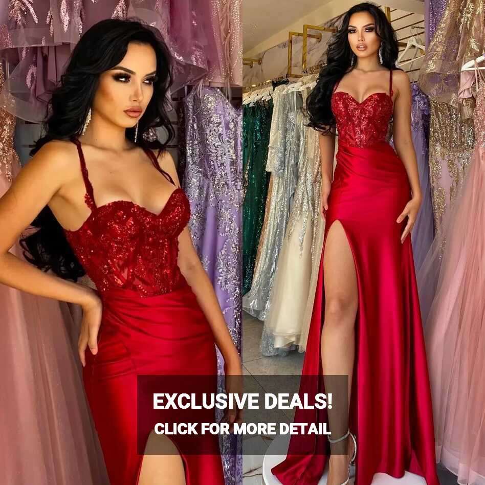 Red Sequin Spaghetti Strap Prom Dress With Slit With Pleats And ...