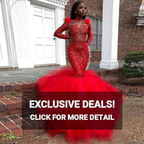 Red Sequined Black Girl Mermaid Prom Dresses With Feather Long ...