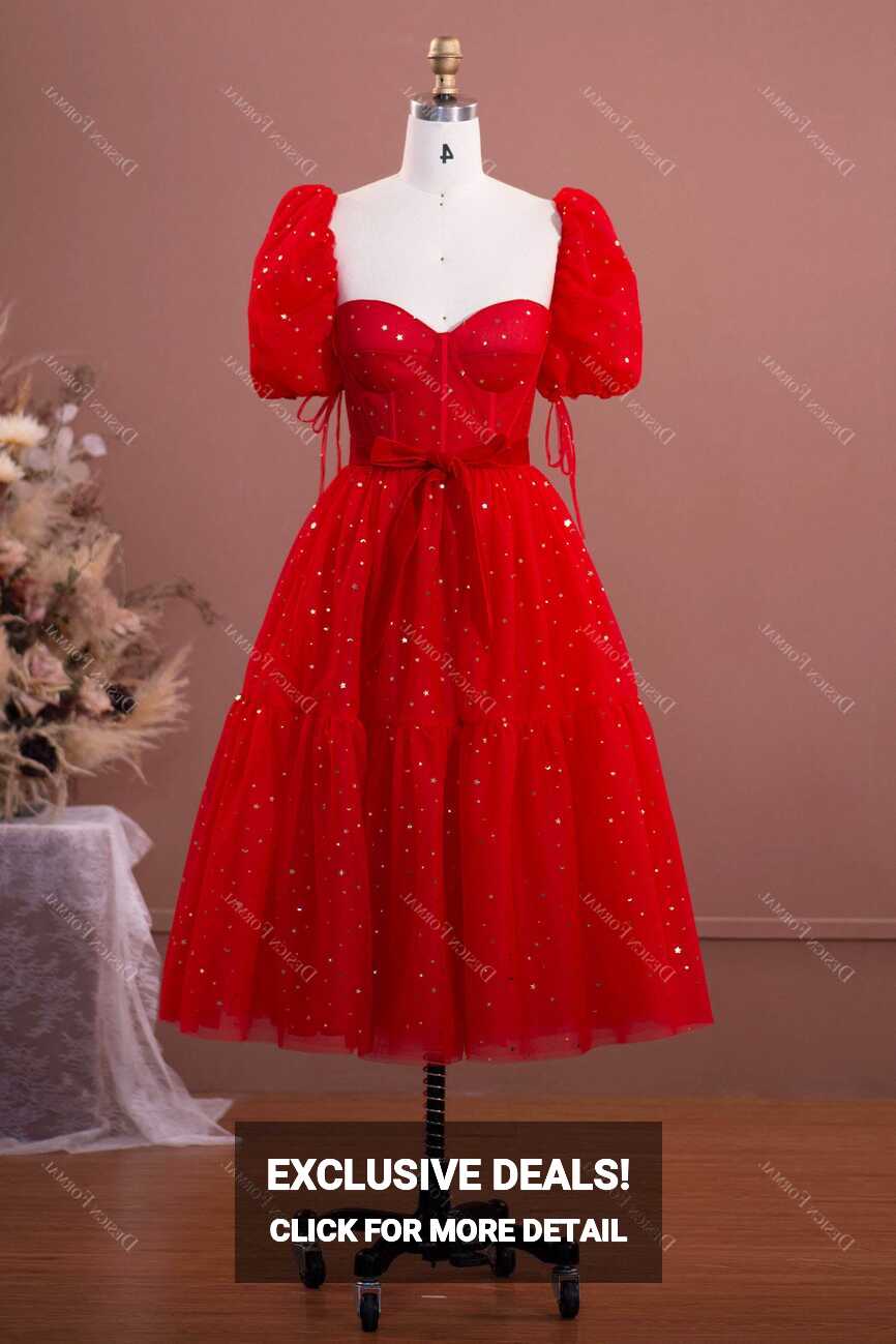 Red Sequined Tulle Puff Sleeve Corset Short Prom Dress