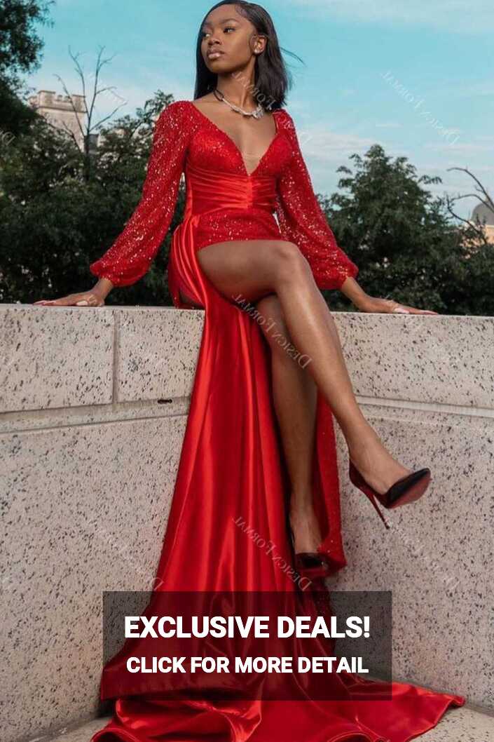 Red Sequined V-neck Long Sleeve Crafted Satin Slit Prom Dress