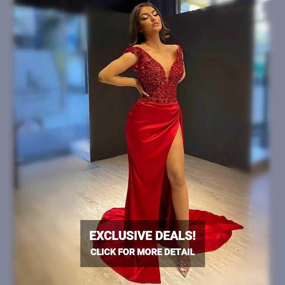 Red Sexy Satin Beaded Sequins Evening Dresses Floor Length Split V ...