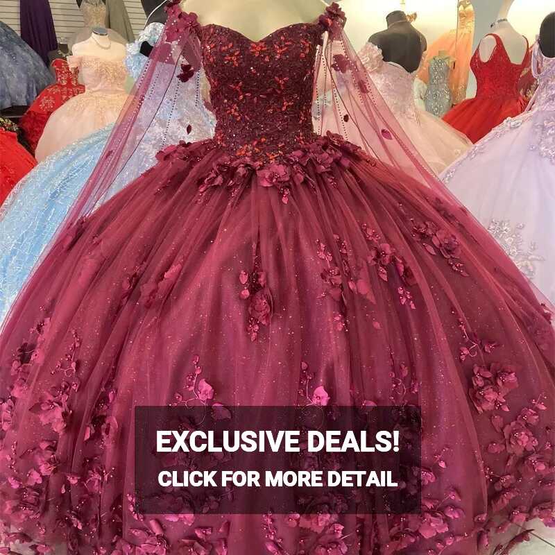 Red Shiny Ball Gown Quinceanera Dress With Cape Sleeves Beaded ...