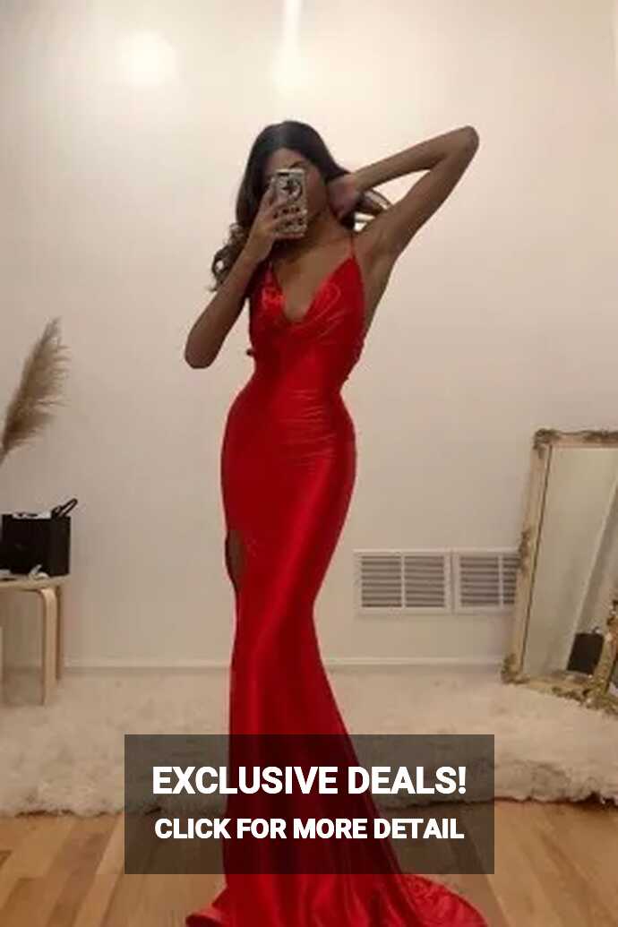 Red Shiny Satin Cowl Neck Mermaid Long Prom Dress - Promfy