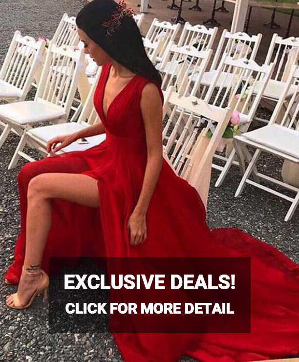 Red Split Prom Dresses,V Neck Chiffon Evening Dresses, Sexy Party ...