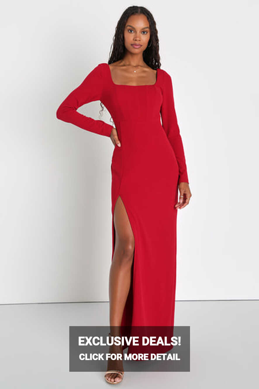 Red Square Neck Dress - Long Sleeve Dress - Corset Maxi Dress - Lulus