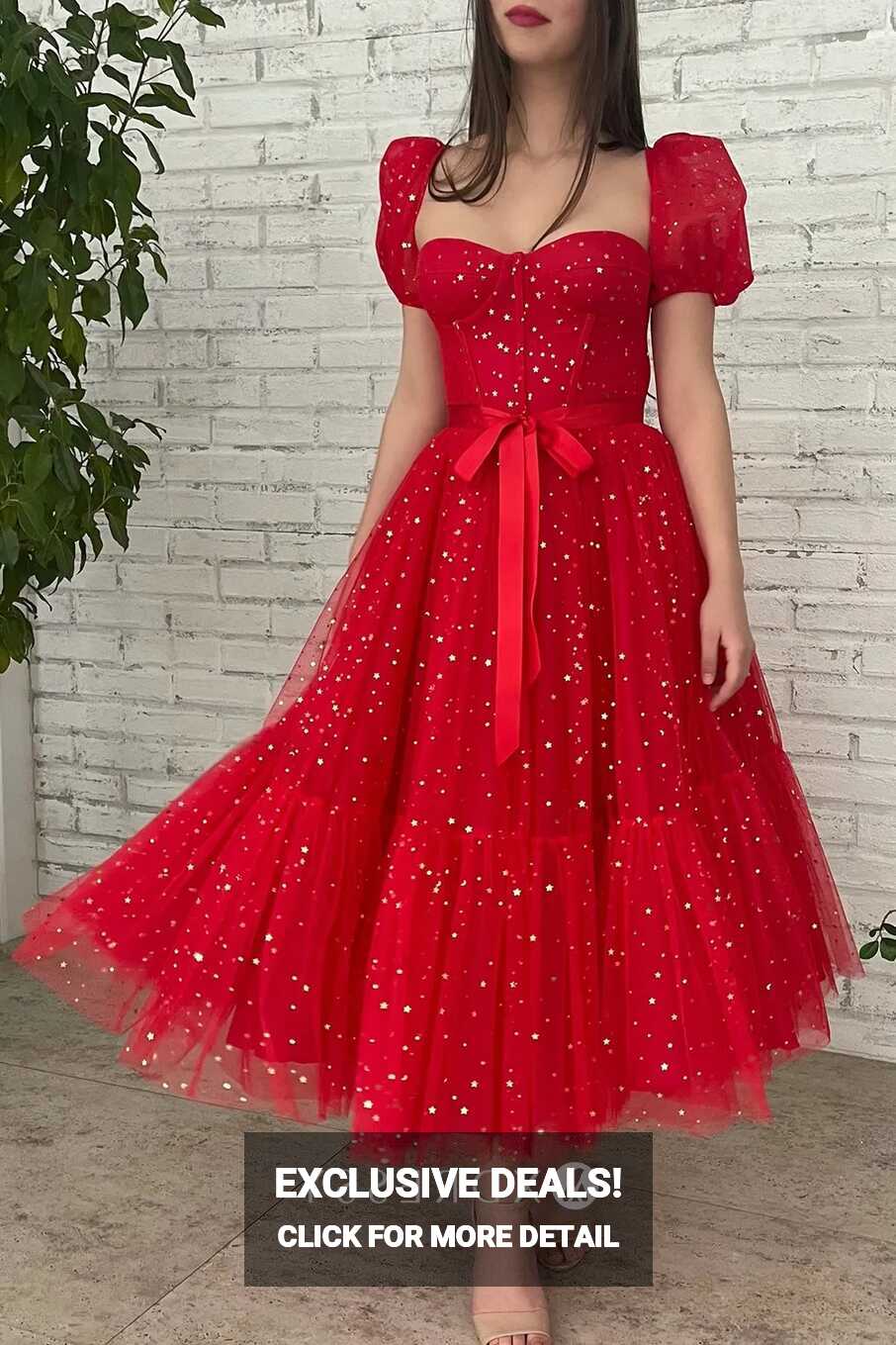 Red Starry Tulle Short Sleeve Sweetheart Midi Prom Gown - Xdressy