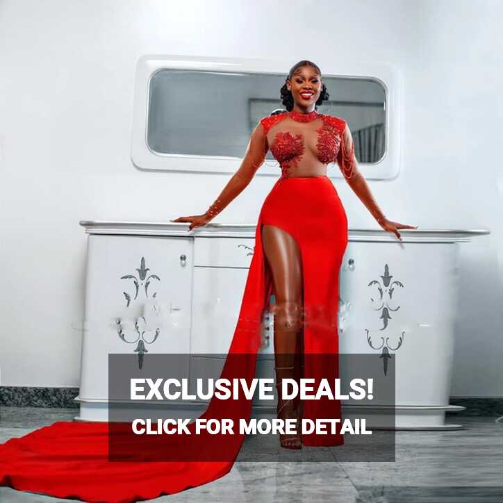 Red Straight Sexy Long Prom Gowns For Black Girls Illusion Beaded ...