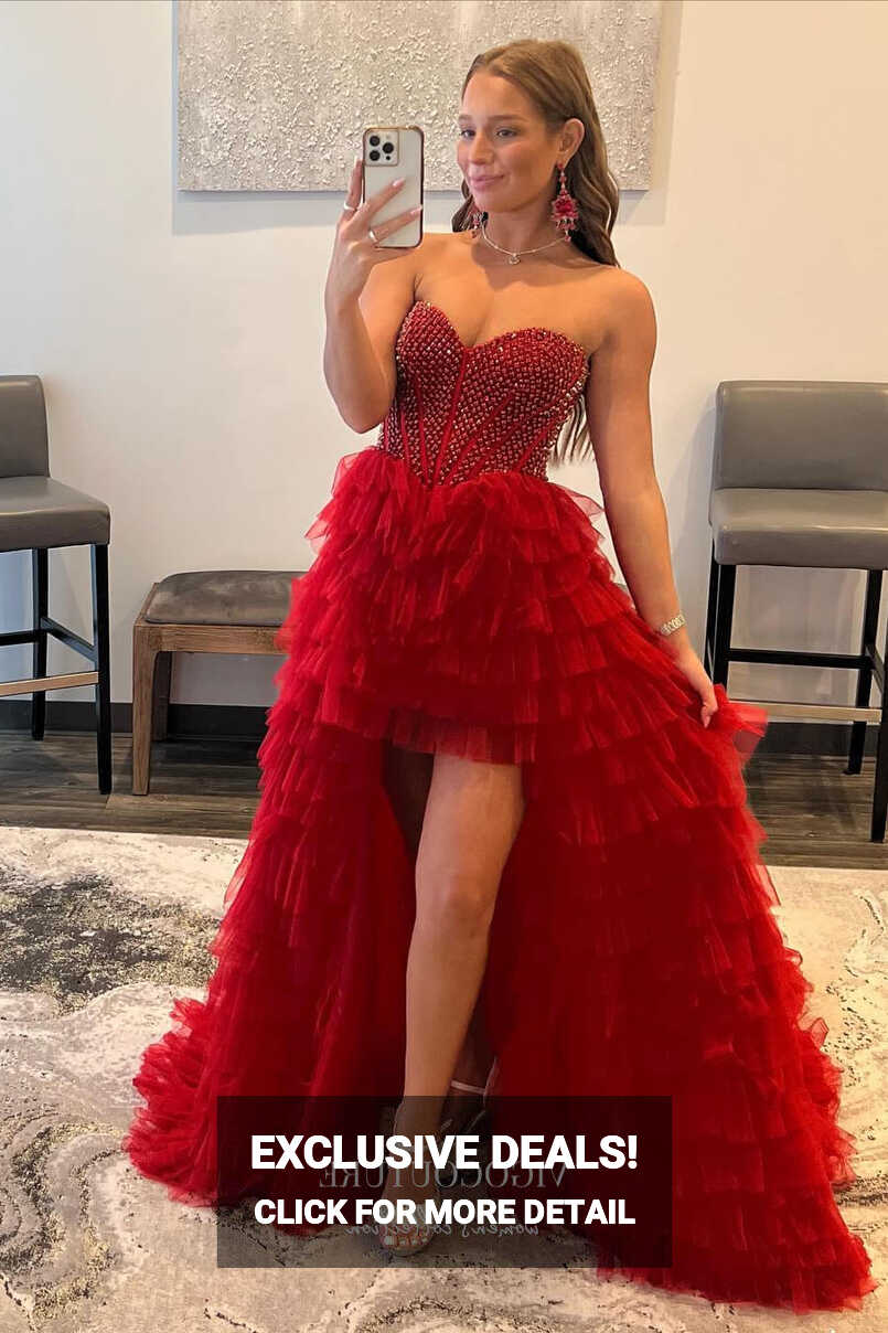 Red Strapless Formal Dresses Tiered Prom Dresses 21585 – vigocouture