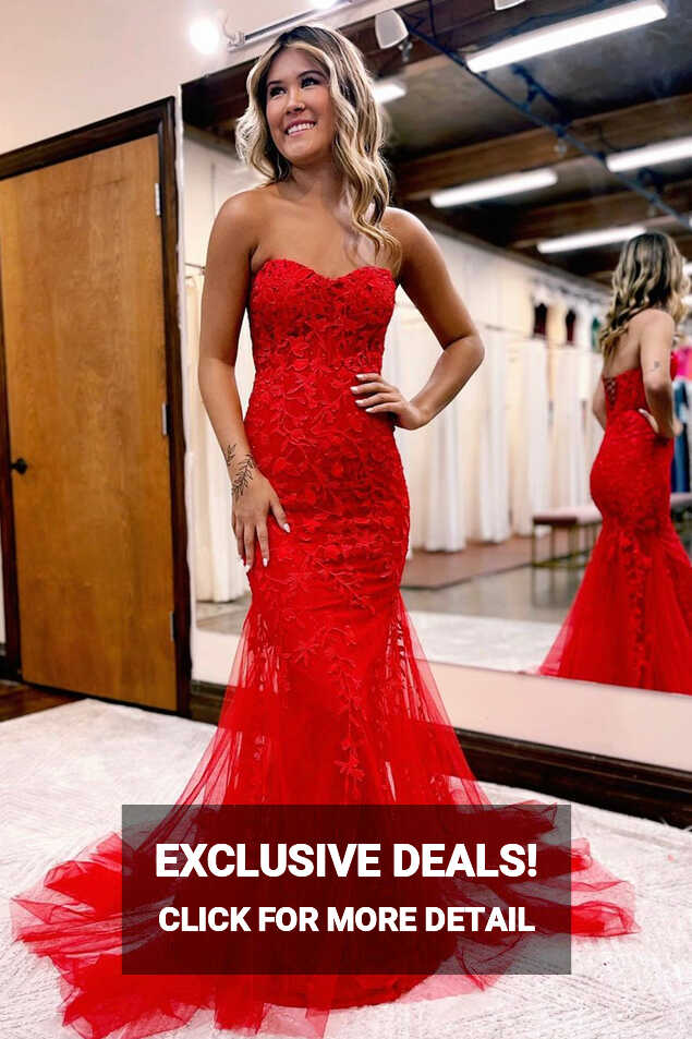 Red Strapless Lace Long Prom Dress, Mermaid Evening Party Dress