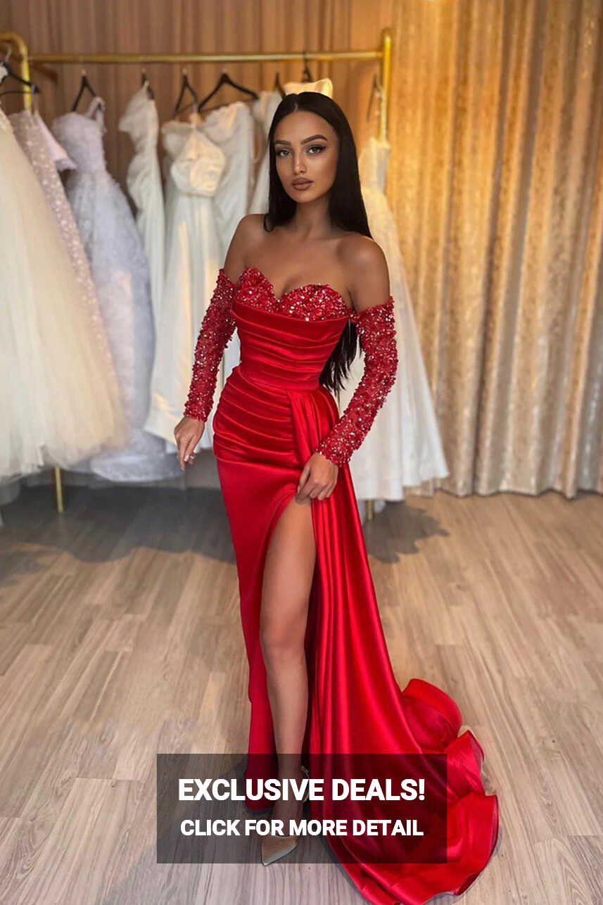 Red Sweetheart Satin Sequins Prom Dress, Red Long Sleeve Evening Party