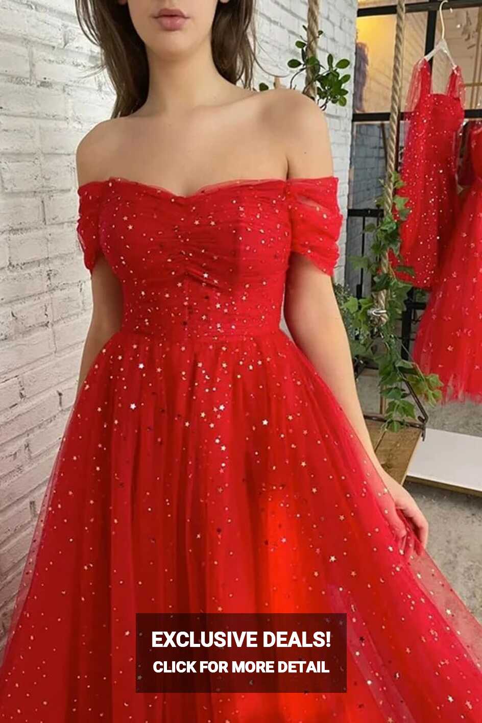 Red Tulle A Line Off-the-Shoulder Simple Prom Dresses PL559 | Promnova