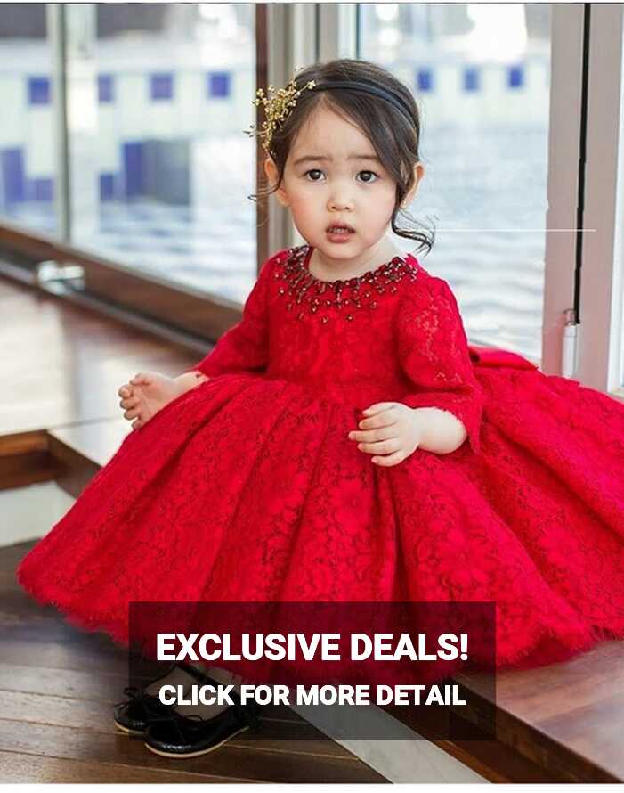 Red Tulle Baby Girl Dress Long Sleeve Baptism Dress For Girls 1st ...