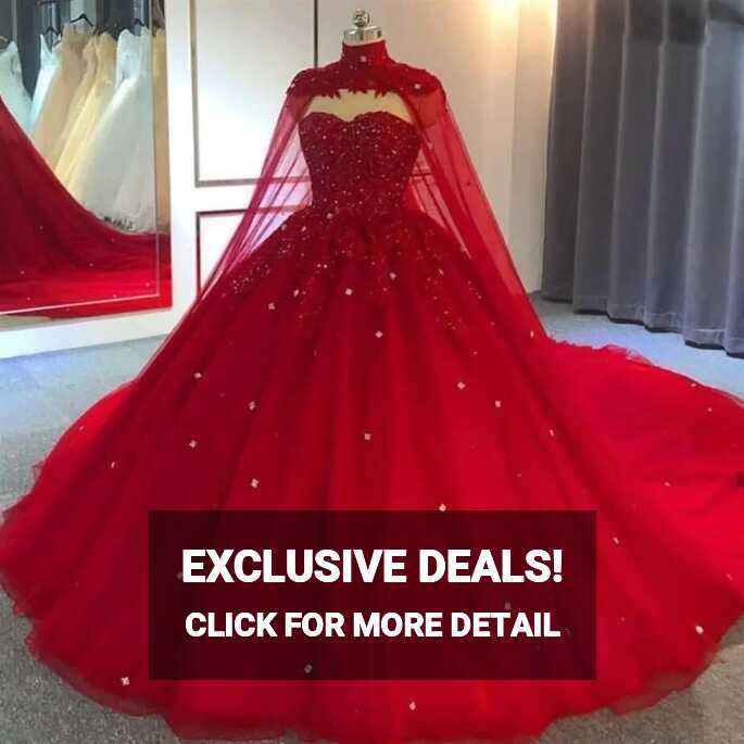 Red Tulle Beaded Lace Red Gown For Wedding With Long Cape Puffy ...