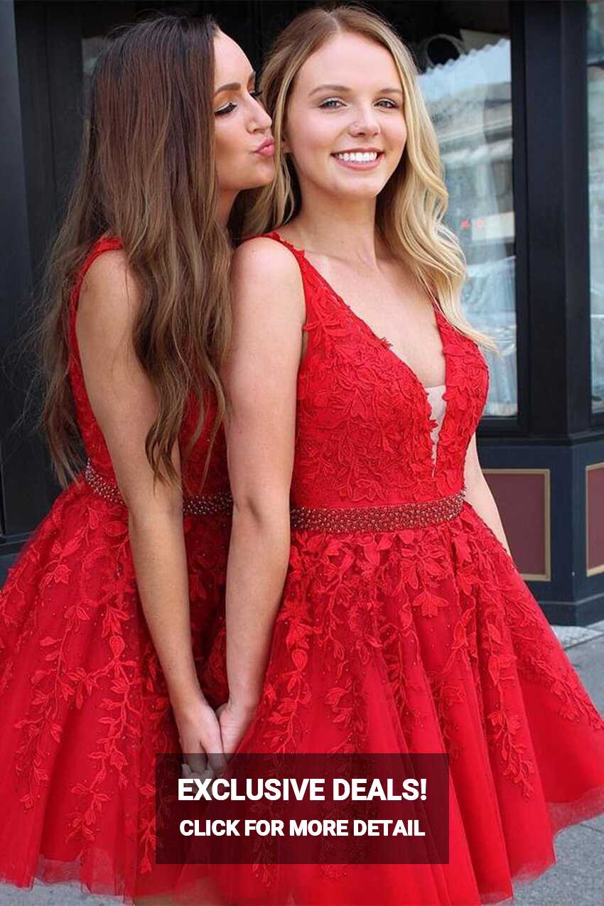 Red Tulle Lace V Neck Short Prom Dress Homecoming Dresses with ...