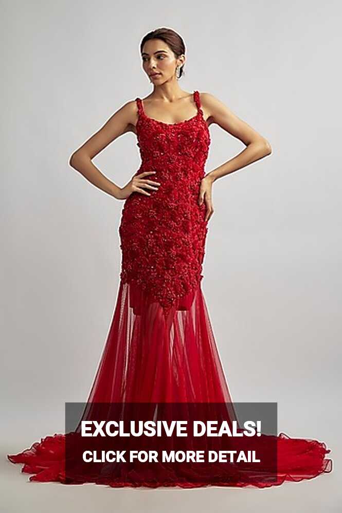 Red Tulle Pearl &amp; Glass Bead Embellished Bodycon Gown Design by ...