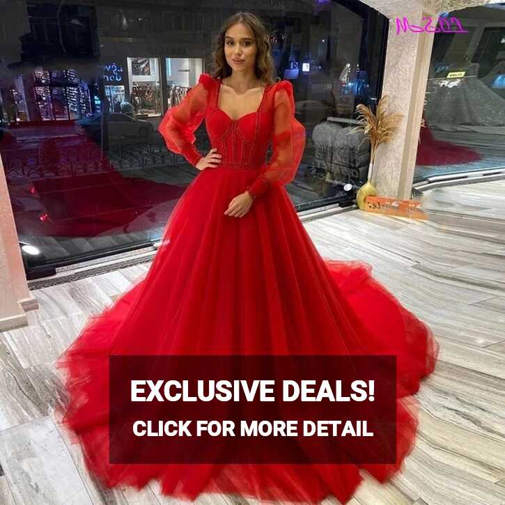 Red Tulle Prom Dresses 2023 Gorgeous Beads Square Neckline Long ...