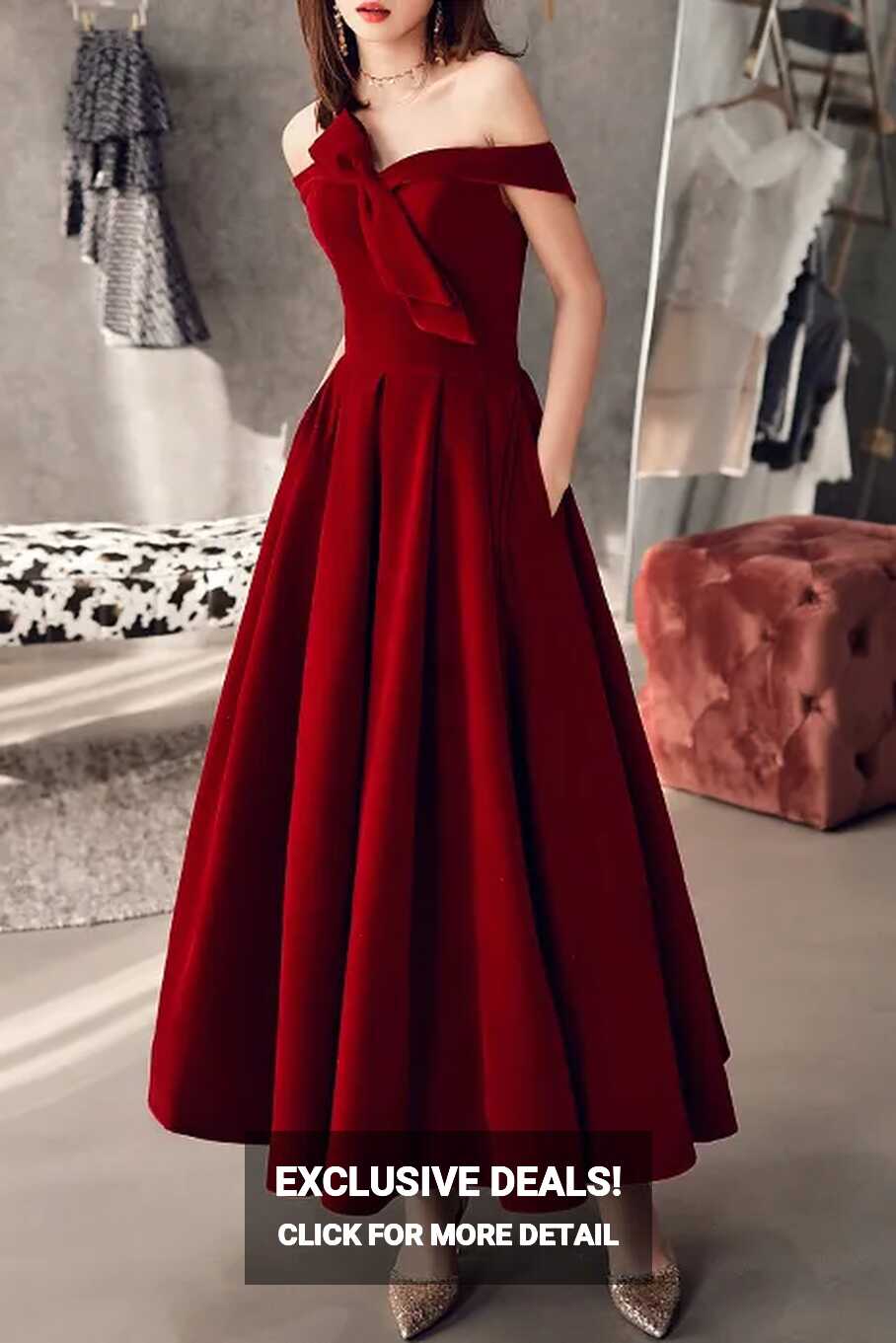 Red Velvet Off Shoulder Dinner Long Red Dress Elegant Formal ...