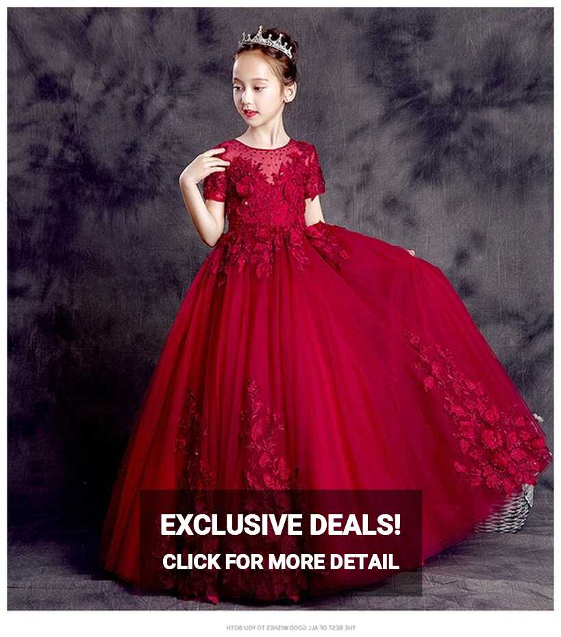 Red Wedding Dress Girls Kids | Flower Girl Dresses Wine Red - Red ...