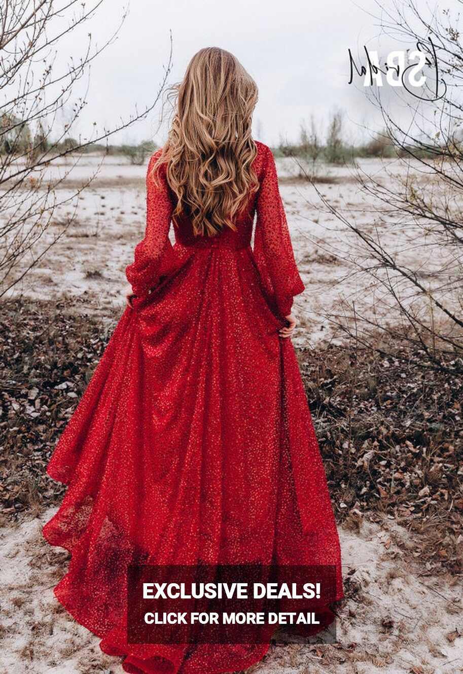 Red Wedding Dress With Sequins and Beads, Red Bridal Gown, Red ...