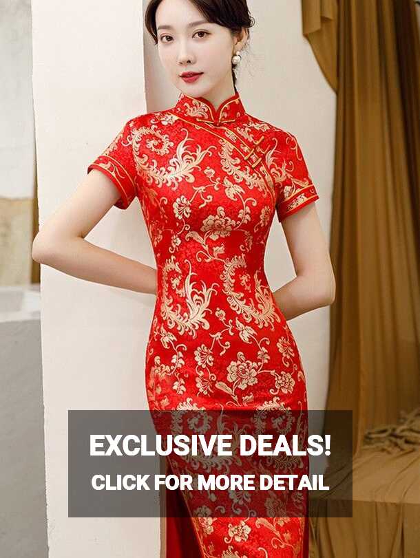 Red Woven Floral Bride Long Qipao / Wedding Cheongsam Dress