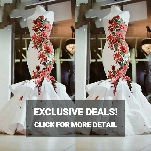 Red and White 3D Floral Flowers Mermaid Wedding Dress lace-up ...