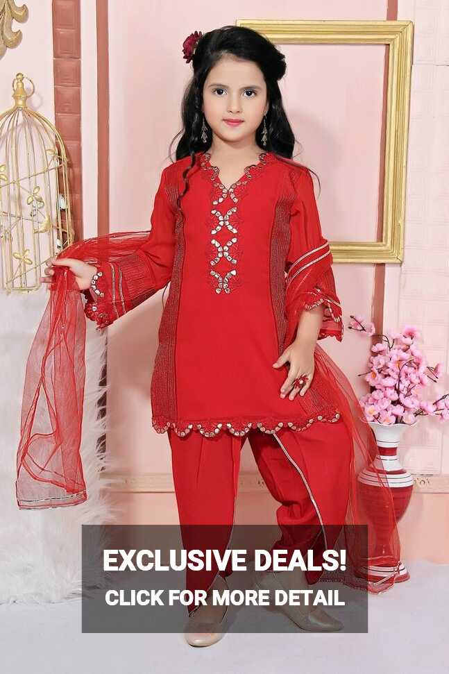 Red embroidered faux georgette kids salwar suits - NIKHAAR ...